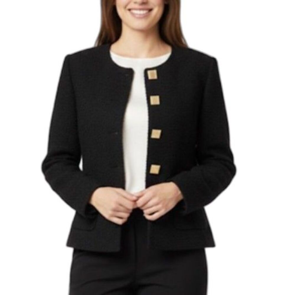 VTG Bridgewater Women's Black Wool Boucle Gold Buttoned LS Lady Jacket Size 12